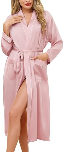 Sopesil Peignoir Satin Femme Robe de Chambre Femme Robe de Mariée Peignoir Kimono avec Ceinture Maison et Loisirs pour Toutes les Saisons Rose clair L