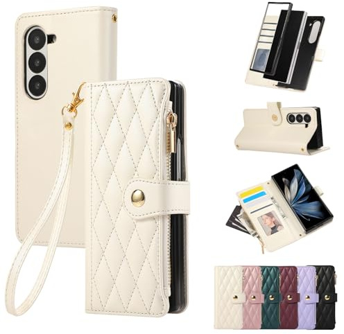 Vaitasy Handyhülle für Samsung Galaxy Z Fold7 Weiß | Reißverschluss Hülle Business PU Leder Klapphülle für Galaxy Z Fold 7 Schutzhülle mit Kartensteckplatz Ständer