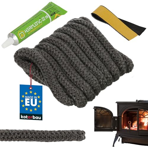 KOTARBAU® Junta Cristal Chimenea - Fibra de Vidrio - ⌀ 12 mm - 2,5 m - con Adhesivo - Cordon Chimenea - Cordon Cristal Estufa - Resistente al Calor - Kit Reparación - Negro
