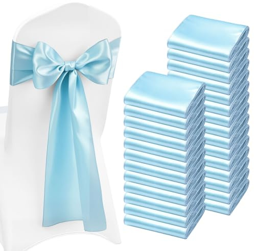 VEVOR Satin Chair Sashes Bows, 100PCS Chair Ribbon Ties Back Sash, 7 x 108 inch, Light Blue Wedding Reception Decoration, for Wedding Ceremony Baby Shower Party Events Banquet Chair Cover Decoration