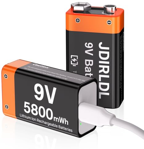 (5800mWh) Rechargeable 9V Batteries, New Upgrade High Capacity Lithium 9 Volt Battery Replacement for Smoke Alarm,Multimeters,Walkie-Talkie,Toys etc, with 2 in 1 USB-C Cable - 2 Pack