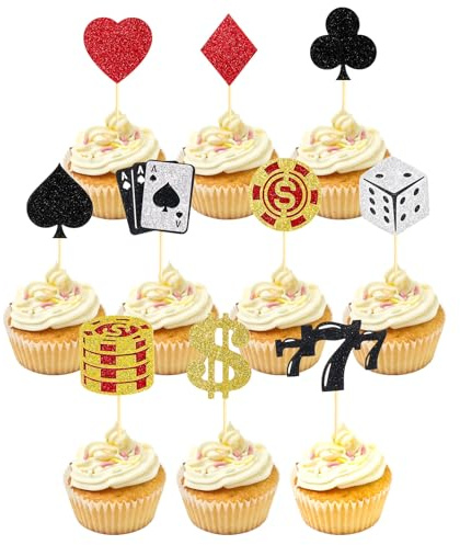 Quilax 24 Stück Casino Cupcake Topper, Poker Kuchen Tortendeko, mit Würfel Chips Karten, Birthday Kuchendekoration für Casino Nacht Poker Spieleparty