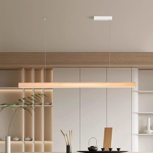 Yuelux Lineare Pendelleuchte Küche - Modernes Hängelampe aus Holz, Dimmbar & Höhenverstellbar - LED Inselbeleuchtung mit Fernbedienung für Kücheninsel, Esstisch, Wohnzimmer (Naturholzfarben, 120cm)