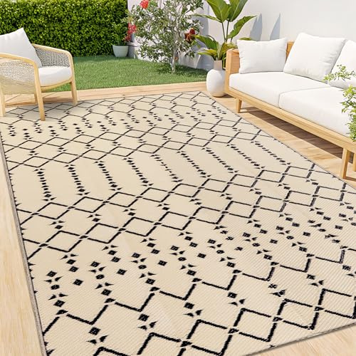 Homaxy Outdoor Teppich Wetterfest 120x180cm, Beidseitig Nutzbar, Wasserdicht Boho Teppiche für Terrasse, Garten, Balkon, Camping, Picknick, Beige & Schwarz