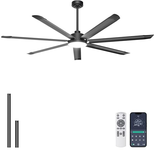 Ohniyou Ventilador de Techo de 182 cm con Luz, Ventiladores de Techo Industrial Grande con Control Remoto/APP, 7 Aspas de Aluminio, Motor DC Silencioso, Ventilador para Terraza Exterior, Garaje, Negro