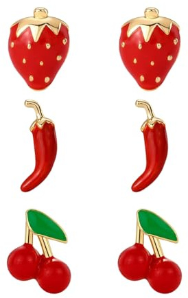 OIDEA Ohrringe Ohrstecker Set für Mädchen: 3 Paar Frucht Chili Erdbeere Kirsche Blume Emoji 14K vergoldet 316L Edelstahl Emaille Flachrücken Stecher Schmuck Geschenk für Tochter Nichte