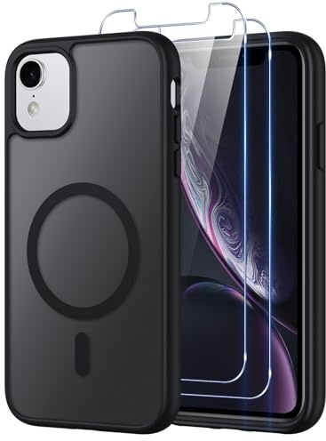 Oelrstfe Coque pour iPhone XR/iPhone 11 Compatible avec MagSafe avec 2 Verre Trempé, Magnétique Etui Translucide Mat Arrière Housse, Protection D'objectif Ultra Fine Antichoc Case, Noir