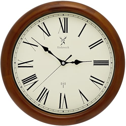 Holzwerk WILDBERG (Funk) 35cm Natur Vintage Retro Holz Funk Wanduhr Glas Rund Holz-Uhr Funkwanduhr mit Römischen Ziffern Funkuhr nahezu lautloses Uhrwerk Massivholz Natur 14 Zoll Braun Weiß