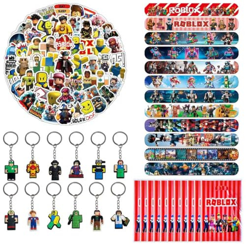 SYSYSYYASNL Set Regali da 147 Pezzi per Feste – 12 Portachiavi, 12 Braccialetti a Scatto, 20 Sacchetti Regalo, 103 Adesivi – Ricompense Scolastiche, Riempimento per Sacchetti di Dolciumi (B)