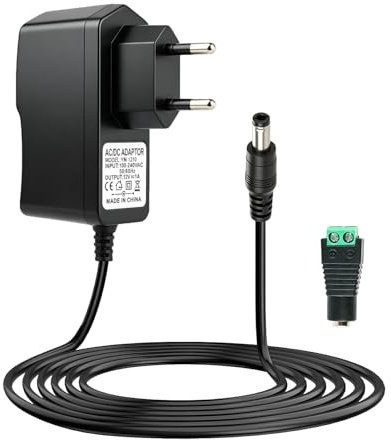 12V 1A Alimentador, Transformador Universal AC 100‑240V con Conector DC 5.5 × 2.5 mm, 12W Fuente de Alimentación para Doméstica Tiras LED, Routers, TV Box, CCTV Cámaras, Cable 1.5 m, Negro