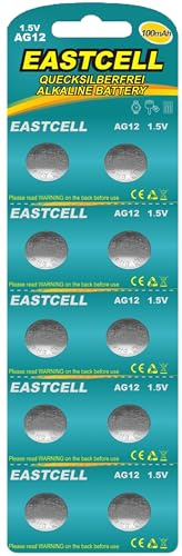 EASTCELL AG12 1,5V Alkaline Knopfzellen – 100 mAh – 10 Stück (1 Blister) – ersetzt LR43, 386A – langlebige Batterien für Uhren, Taschenrechner & Elektronikgeräte