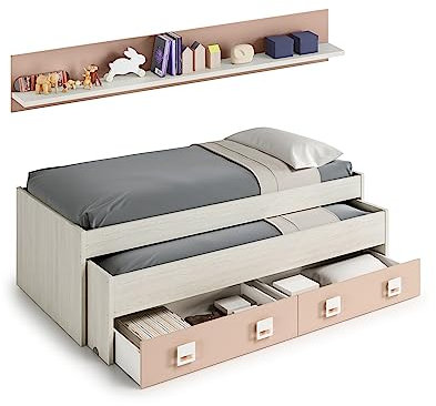 Habitdesign Cama Doble + 2 cajones y Estante, Modelo Nube, Acabado en Blanco Alpes y Rosa Pastel, Medidas: 199 cm (Largo) x 96 cm (Ancho) x 69 cm (Alto)