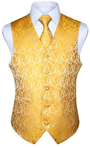 HISDERN Anzugweste für Herren Gelb Paisley Hochzeitweste Krawatte Einstecktuch Taschentuch Jacquard Weste Herren Anzug Set Elegant M