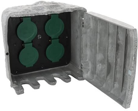 Bold 19134 Aussensteckdose Stein-Optik - 4-Fach Gartensteckdose IP44 | Wasserdichte Steinsteckdose mit 3m Kabel, bis 3680W, inkl. Erdspieß & Schrauben aus bruchfestem Polypropylen Material