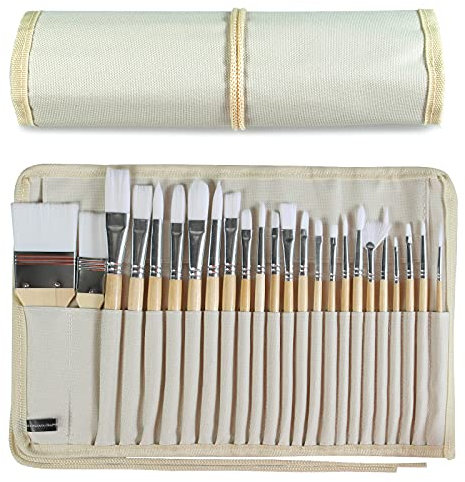 Juego de 24 Pinceles de Pintura con Mango de Madera con Estuche de Lienzo, Profesional para Pintura al óleo, acrílico y Acuarela