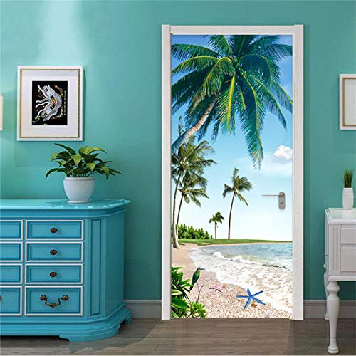 YQLKD Porte Poster Fleur 3D Paysage De Bord De Mer PVC Auto-Adhésif Décoration De Porte Papier Peint Étanche DIY Affiche Porte Murale