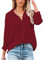NONSAR Blusa para Mujer de Manga Larga y, Cuello de Pico, con Botones, Elegante, Informal, para Trabajo, Camisa de Manga Larga, Rojo Oscuro, S