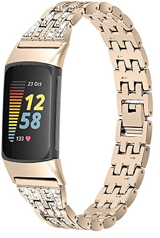 Chofit Ersatzarmband kompatibel mit Fitbit Charge 5, Bling Bling Strass Metall Edelstahl Armband für Fitbit Charge 5 Activity Tracker für Damen (Gold)