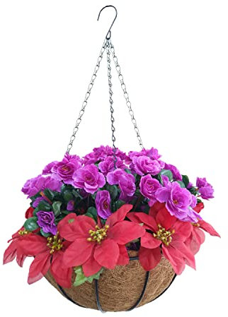 Haus und Außenhof Hübsche DIY Seide Rote Weihnachtsblume Künstliche Weihnachtsstern Und Künstliche Lila Azaleen Blumenkette Hängender Korb Weihnachtsdekoration (Medium Basket)