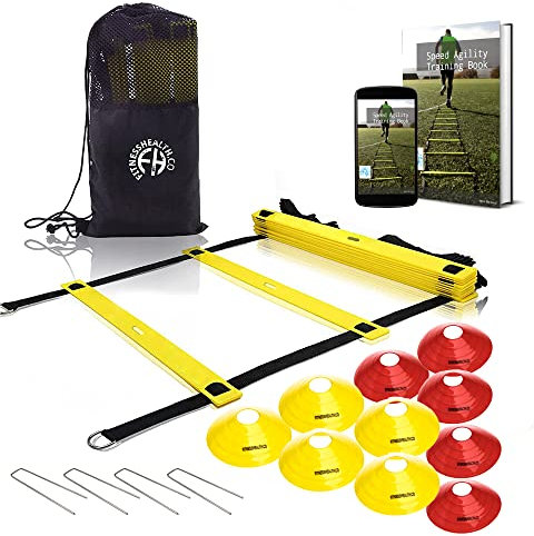 Fitness Health - Speed & Agility Football Training Set, 4 Meter Premium Agility Ladder and 10 Sports Cones, Metal Pegs & Carrying Bag