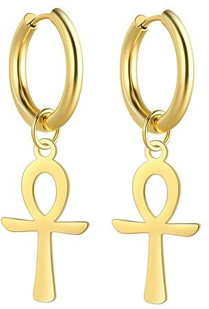 Égyptien Ankh Croix Pendentif Boucles D'oreilles En Acier Inoxydable Dangle Hoop Boucles D'oreilles Clé de Vie Amulette Classique Croix Bijoux pour Femmes Hommes (Or)