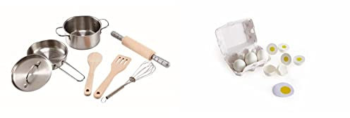 Hape E3137 Holzspielzeug & Eierkarton 3 hartgekochte Eier mit leicht ablösbarer Schale & 3 Spiegeleier, Realistisches Lernspielzeug für Kinder ab DREI Jahren aus Holz