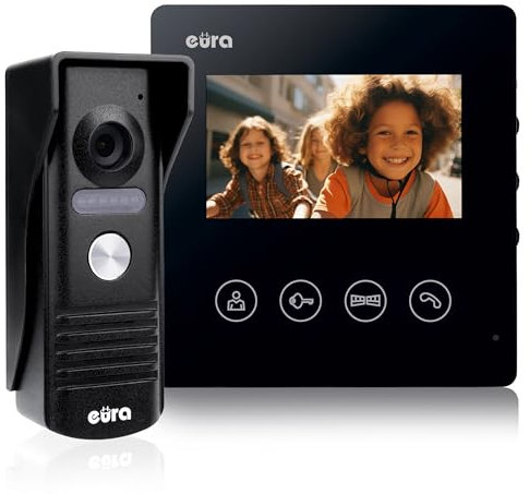 EURA VDP-52A3 ATIRA Video-Türsprechanlage Gegensprechanlage 4 Draht, 4,3-Zoll-Farbmonitor, 2 Eingänge, Schwarz