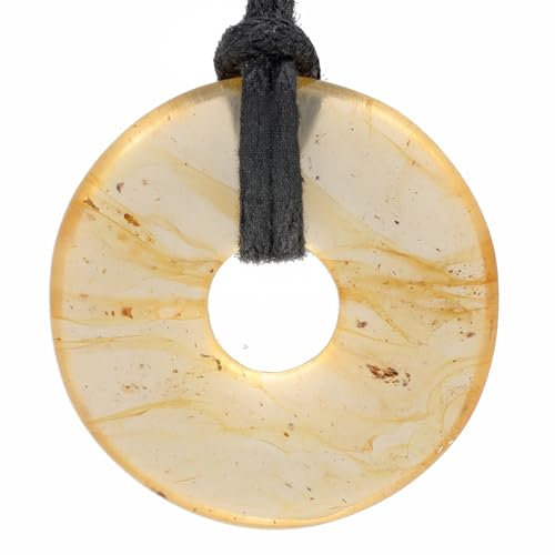 Lebensquelle Plus Edelstein Donut Ø 30 mm + Baumwollband + Edelsteinkarte | Naturstein Anhänger Halskette | Echte Heilsteinkette inkl. Band (Bernstein)