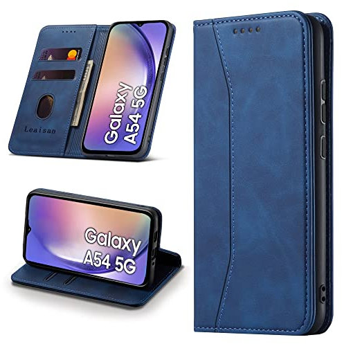 Leaisan Handyhülle für Samsung Galaxy A54 5G Hülle Premium Leder Flip Klappbare Stoßfeste Magnetische [Standfunktion] [Kartenfächern] Schutzhülle für Samsung Galaxy A54 5G Tasche - Blau