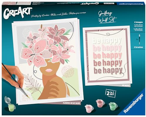 Ravensburger – CreArt – Kit Complet 2 peintures – Flowers on My Mind – Be Happy – Loisir créatif – Peinture par numéros Adulte – Activité détente et créative – Dès 12 Ans – 23849