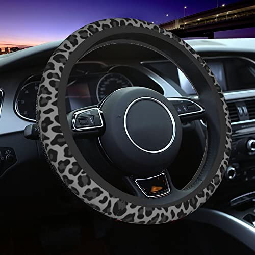 Schwarz und Grau Leopardenmuster Lenkradhüllen für Frauen Mädchen Neopren Anti-Rutsch Auto Radschutz Universal Fit 15 Zoll