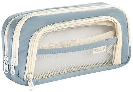 NZDFH Mäppchen Teenager Mädchen Federtaschen, Groß Schreibwarenbeutel, Federmäppchen Durchsichtig, Transparent Federmappen Damen, Stiftetasche Pencil Case Schulsachen Schlamppermäppche, Blau