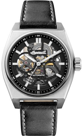 Ingersoll The Vert Herren-Automatikuhr, 43 mm, mit Skelett-Zifferblatt und schwarzem Lederarmband