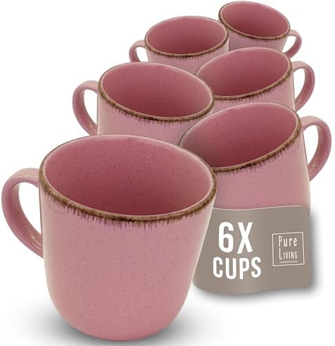 Juego de 6 Tazas de Café Estilo Rústico - Vajilla Completa de Steingut Premium, Apta para Lavavajillas - Set Moderno de Tazas para Té y Café - Pure Living en Color Rosa