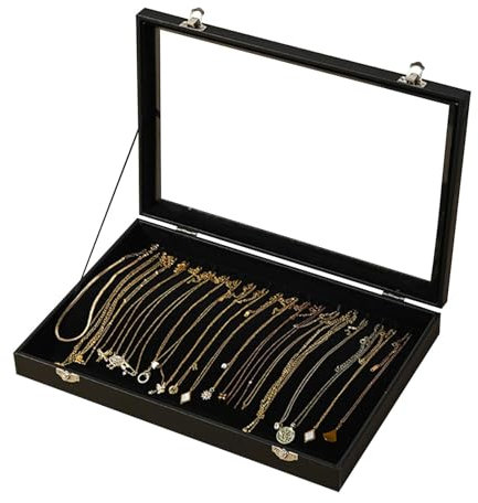 Anwangda Jewellery Necklace Organiser Stand, Velvet Necklaces Display Stand with 20 Hooks and Lockable Clear Glass Lid, Jewellery Storage Case Box for Necklaces, Bracelets, Earrings(black)