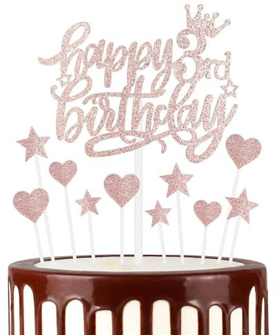 11pcs Happy 3rd Birthday Cake Toppers - Rose Gold & Glitter Heart Stars for Girls' 3rd Birthday Cake Decorations