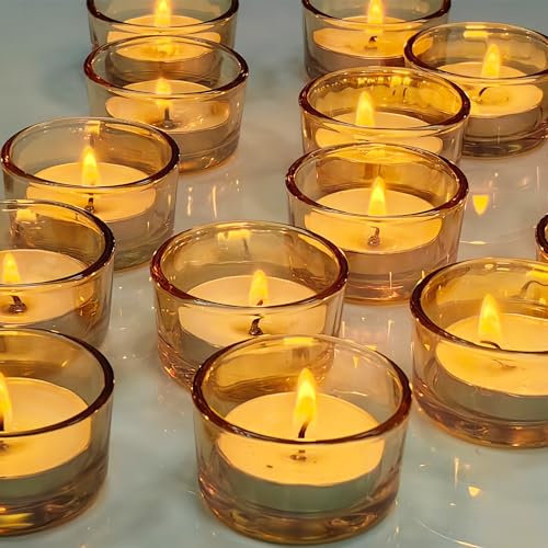 GOLDEAL Lot de 30 petits bougeoirs en verre doré – Parfaits pour les mariages, les fêtes, les dîners – Idéal pour les bougies chauffe-plat standard de 3,8 cm