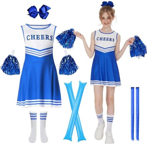 JONRRYIN Cheerleader Kostüm Kinder, Cheerleadering Outfit Mädchen, Cheerleading Uniform Kleid mit Pompoms, Socken und Kopfschmuck, Schulkind Cheer Kostüm Outfit für Karneval Halloween (Blau, 140cm)