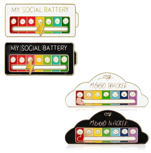 4 Stück Interaktive Batterie Pin Anstecker, Social Battery Pin, Soziale Stimmung Brosche Pin, Social Batterie Brosche Abzeichen, Mood Pin Abzeichen, für Frauen und Männer, Süßes Kreatives Geschenk