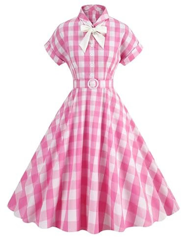 Robe Longue à col Rabattu avec Boutons et Boutons pour Femme - Rose et Blanc - Imprimé Vichy - Robe trapèze élégante - Rose - XL