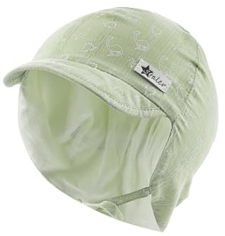 Sterntaler Schirmmütze Nacken Saurier - Jungen Mütze aus Baumwolle - UV-Schutz 30 Sommermütze mit Ohrenklappen und Bindeband - Sonnenhut - Baby und Kinder Kopfbedeckung - eisgrün, Größe 47