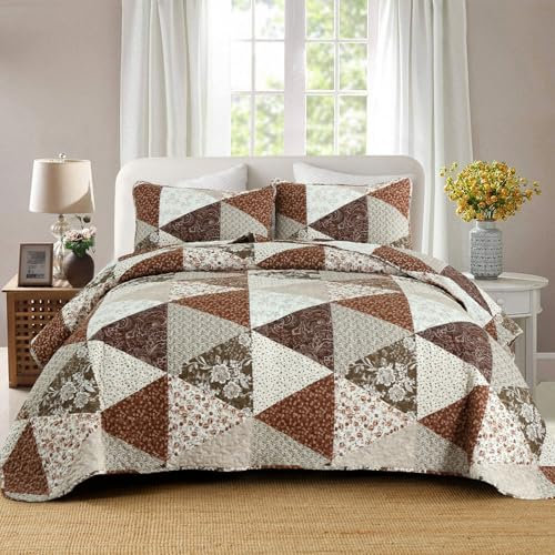 WONGS BEDDING Tagesdecke 220x240 Braun Patchwork Bettüberwurf Gesteppt Bedspreads Blumen Muster Steppdecke Mikrofaser kariertem Tagesdecke mit 2 Kissenbezug 48x75