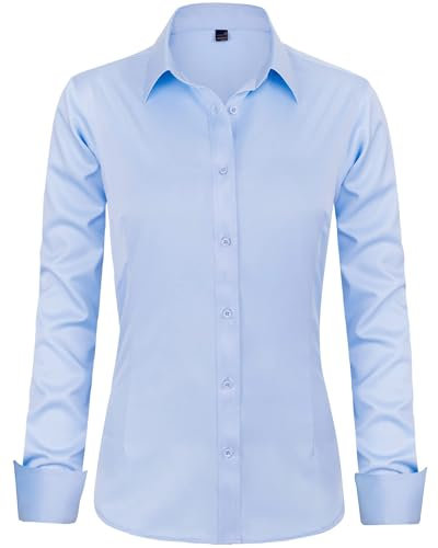 J.VER Hemd Damen Leichte Klassische Bluse Comfort Fit Baumwolle Stretch Blouse Langarm für Party Social Club Frauen,Himmelblau,M