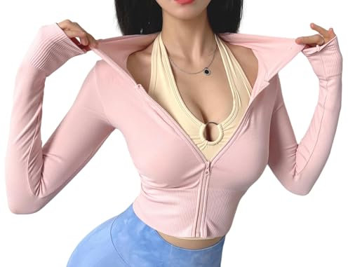 Strickjacke Zipper Cardigan Sports Jacket Women Tight Elastic Yoga Clothes Running Training Fitness Clothes-Rosa-M