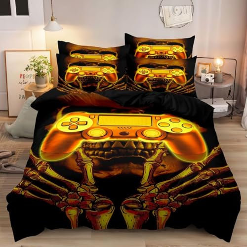 Luowei Bettwäsche 135x200cm Gold 3D Spielthema Griff Schädel Muster Modern Mikrofaser Bettbezug mit Reißverschluss und 1 Kissenbezüge 80x80cm