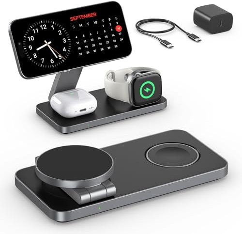 Keepro 3 in 1 Wireless Charging Station for iPhone Magnetic Portable, Fast Wireless Charger Stand for iPhone 16/15/14/13/12, AirPods Pro 3 2 Apple Watch (Adapter Included)-Black+White