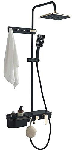 Regendusche Schwarz und Gold Rain Mixer Shower Combo Set Duscharmatur, Badezimmer, Wandmontage, mit Duschkopf, Handbrause, Badewannenauslauf, Aufbewahrungskorb, STUYKDIA