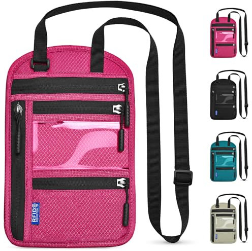 Yordawn Pochette Tour de Cou Voyage Bloqueur RFID Sac de Passeport pour Femme Homme Imperméable Porte-Passeport avec Bandoulière Réglable pour Cartes Éléphone (Rose Rouge)