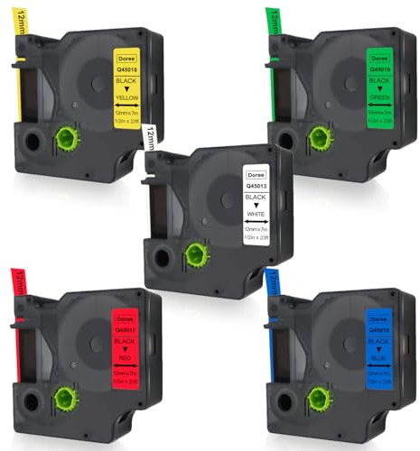 DOREE 5 Stück D1 12 mm x 7 m Etikettenband uv beständig,Wasserbeständiges,D1 45013 45016 45017 45018 45019 (Weiß/Blau/Rot/Gelb/Grün),Kompatibel mit Dymo Labelmanager 160/210D/280/350/360D/420P/450D