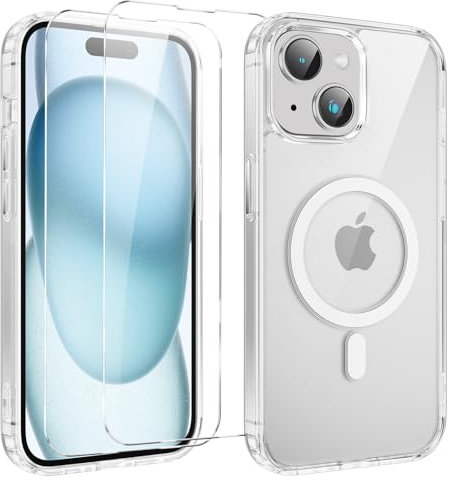 Yoedge Magnétique Coque pour Apple iPhone 15 Plus 6.7 avec 2 Pièces Protection Écran en Verre Trempé, Compatible avec MagSafe,Transparent Antichoc Silicone TPU Etui Bumper Housse pour iPhone 15 Plus